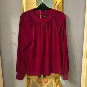 Ann Taylor Purple/Maroon  Blouse With Button Detail, Flowy Fit, Cuffed Sleeves